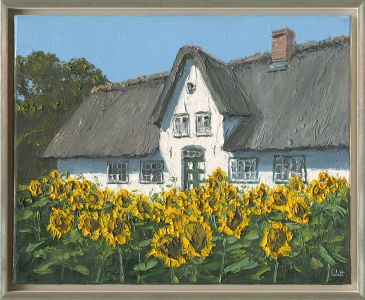 Sonnenblumen vor Friesenhaus, Sylt