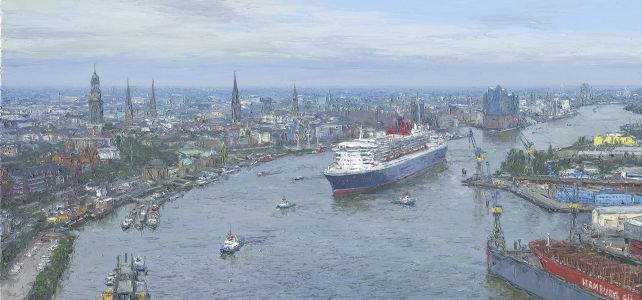 Luftansicht Hafenpanorama mit Queen Mary II