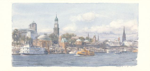 Blick auf Landungsbrücken und Michel
