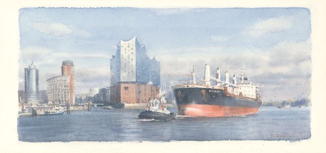 Elphi mit Frachtschiff und Schlepper